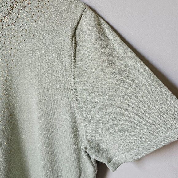 EUC LIKE NEW ALFRED DUNNER SAGE GREEN EMBELLISHED METALLIC MOCK NECK TOP SIZE M - Picture 8 of 15